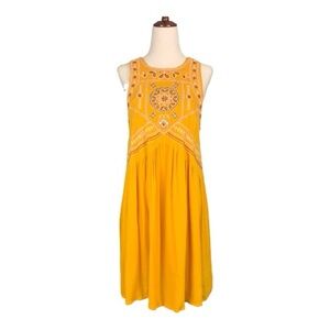 Boho Mustard Yellow Prairie Summer Dress Floral Embroidered Midi Western XS
